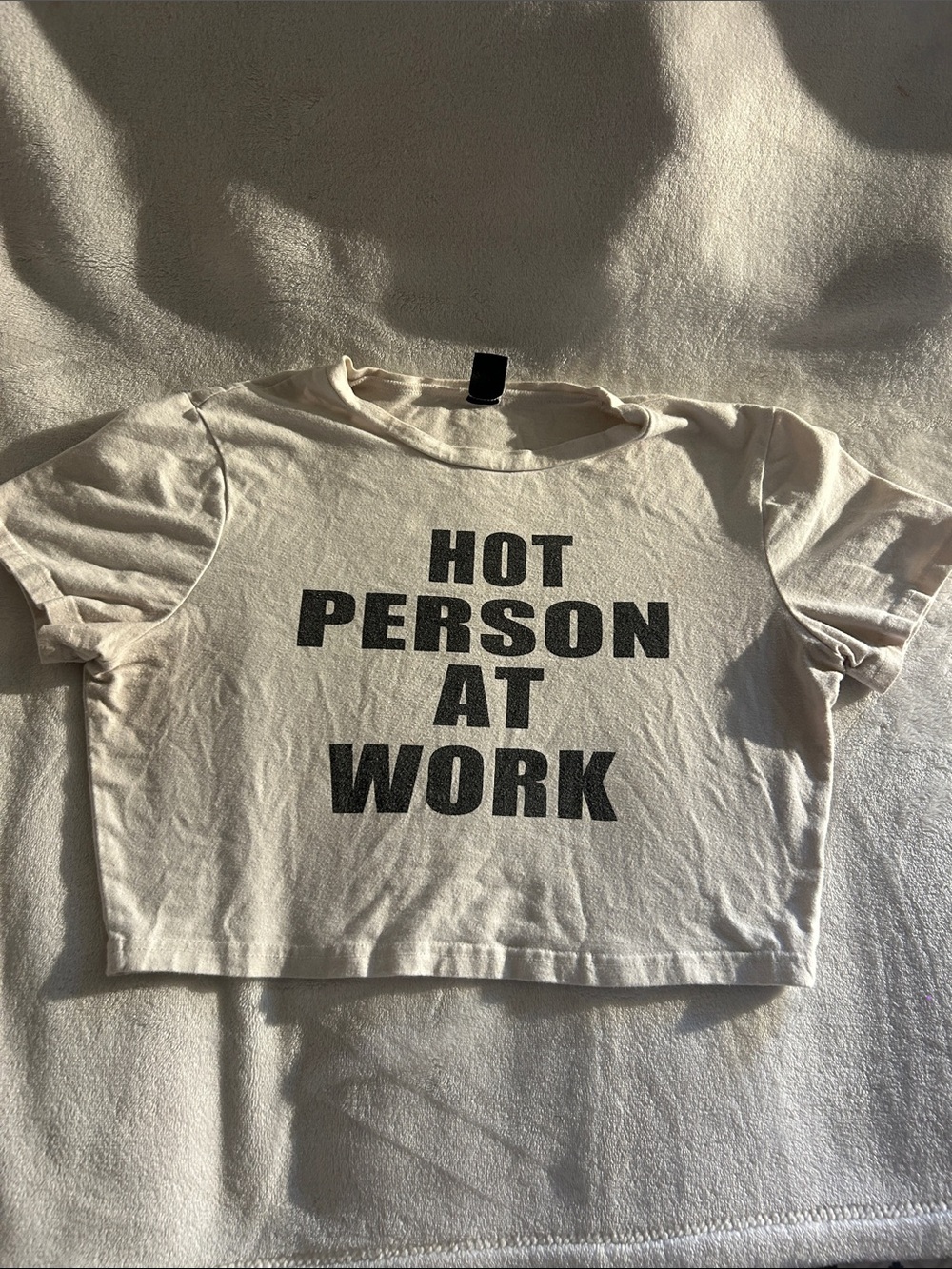 SHEIN White Graphic 'HOT PERSON AT WORK' Cropped Tee